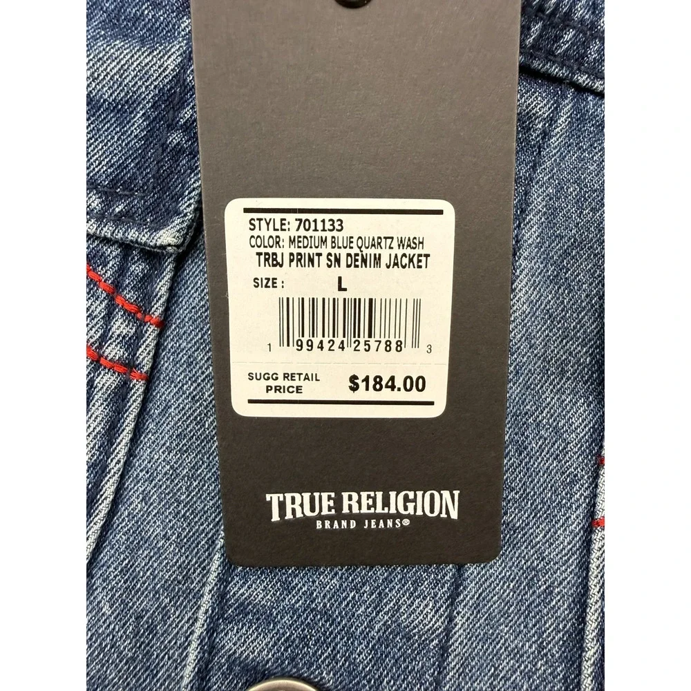 TRUE RELIGION BUTTON FRONT PRINT DENIM JACKET MEDIUM BLUE QUARTZ WASH SZ L NWTB
